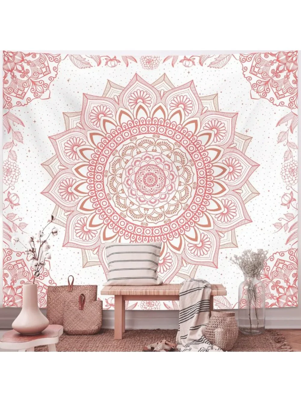 Pink Boho Wall Tapestry - Mandala Floral Decor for Bedroom, Living Room & Dorm
